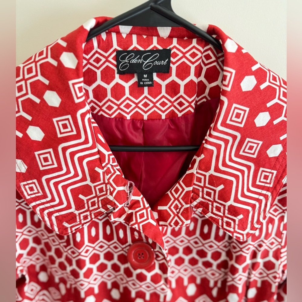 Eden Court Geometric Print Jacket Red White Button Front Size M - Picture 2 of 6